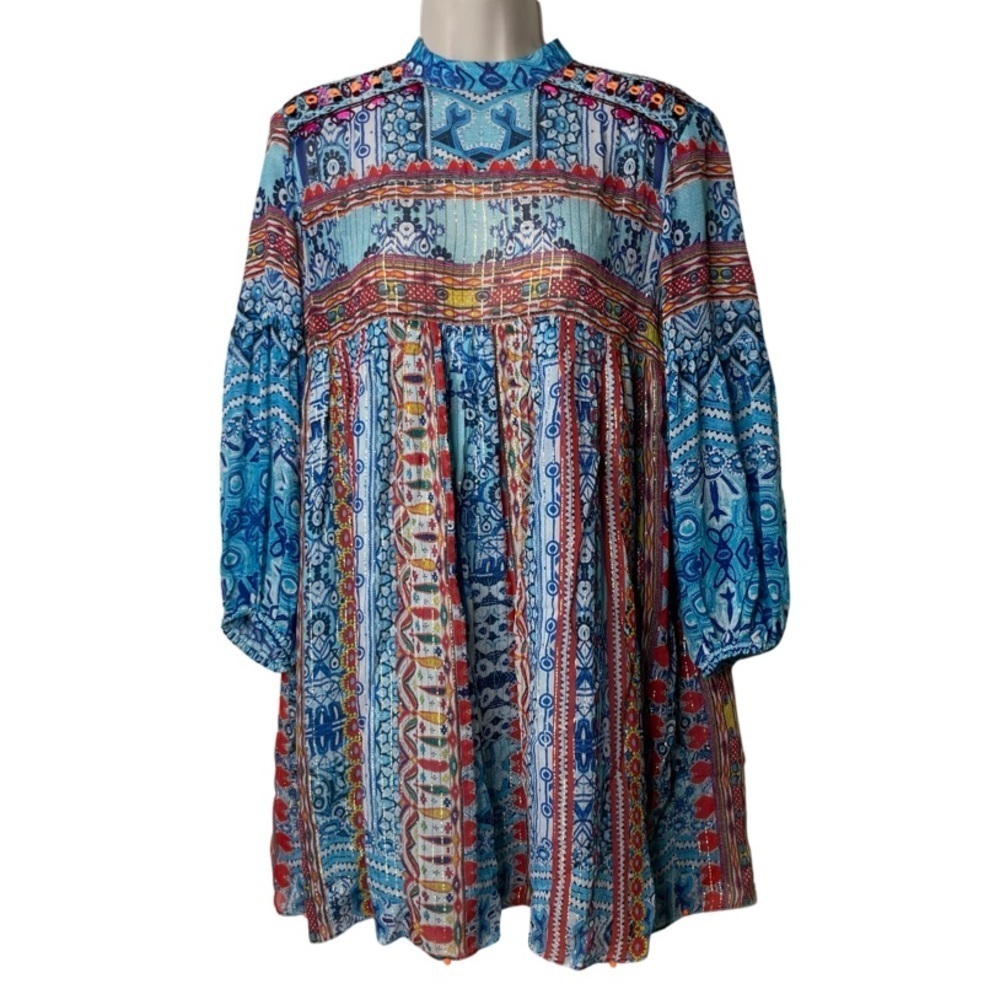 Hemant & Nandita blue mini 100% silk gauze dress long sleeve sz S
